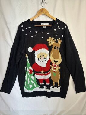 Easy Essentials Black Santa & Reindeer Holiday Crewneck Sweater